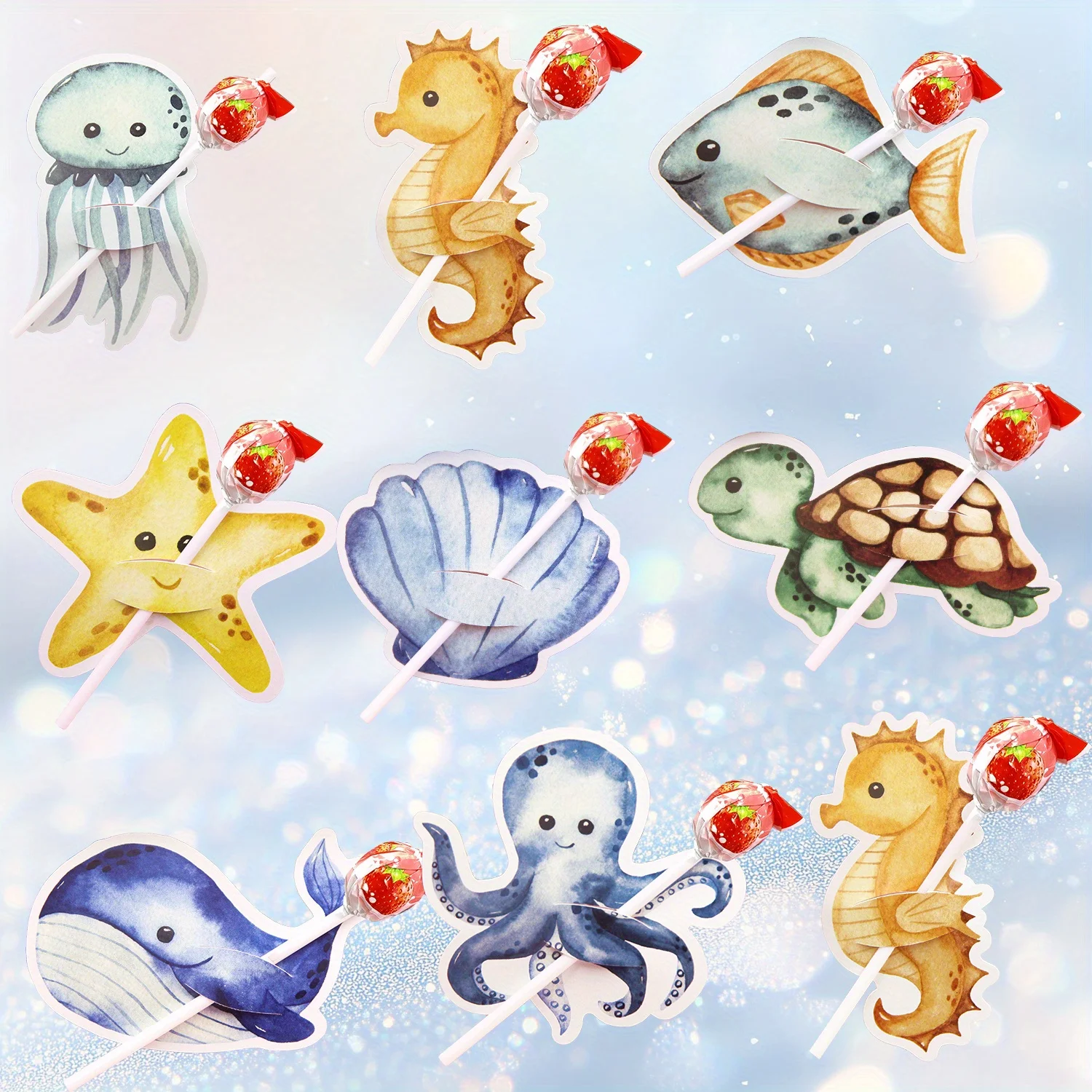 48 قطعة من بطاقات المصاصة المعبأة على شكل حيوانات البحر الكرتونية تحت حلوى حيوانات البحر (مع التعبئة والتغليف) لديكور حفلات أعياد الميلاد