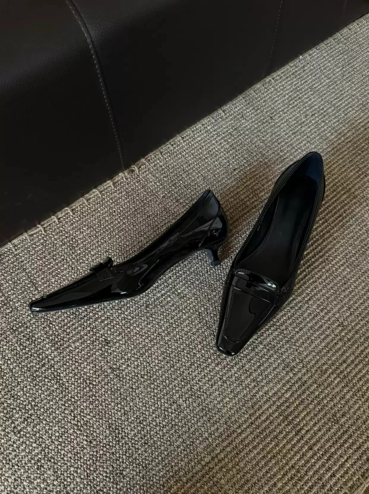 Black Patent Leather Square Toe Low Block Heel Loafers Buckle Decor Ladies Office Business Minimal Elegant All Season Footwear