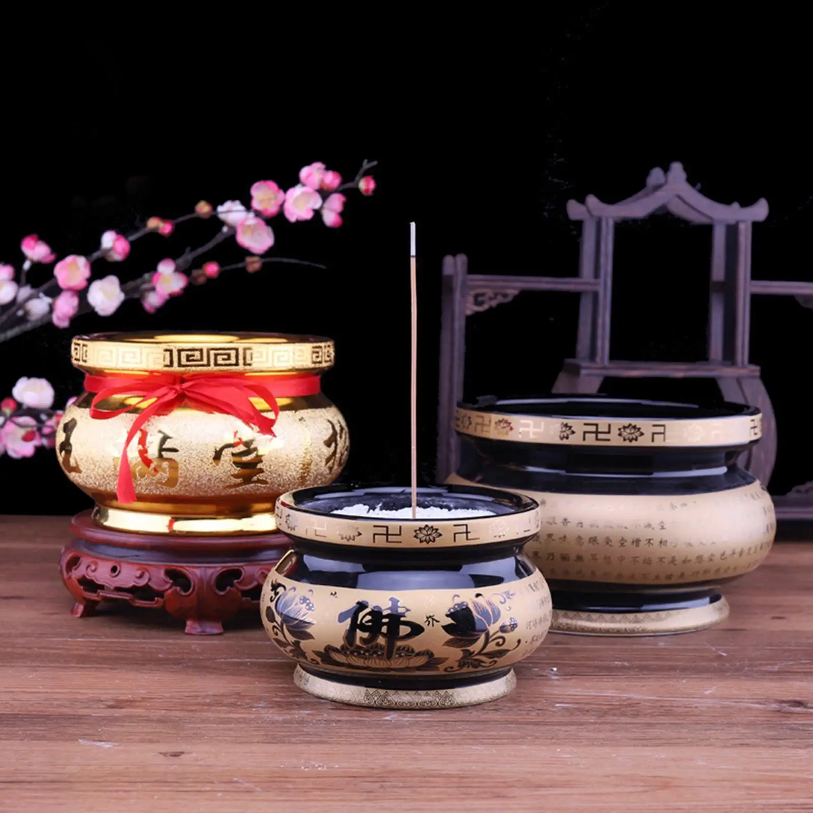 Elegant Ceramic Incense Burner Gold Inscription Offering Treasure Basin Incense Holder for Office Ritual