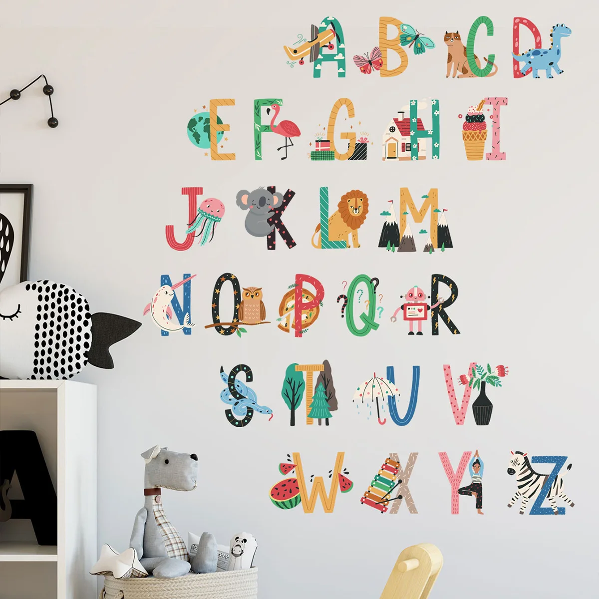 Cute Cartoon Animals 26 Letters Wall Stickers Alphabet Kids Toddler Decors Decals Early Learning ABC Self-adhesive Art Mural