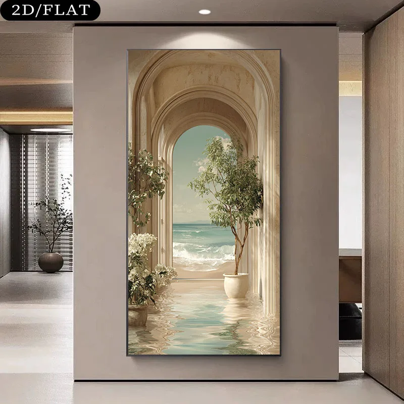 

2D/Flat Large Modern Coastal Beachfront Archway Canvas Wall Art Unframed Lush Greenery Ocean View Artworks for Living Room Decor