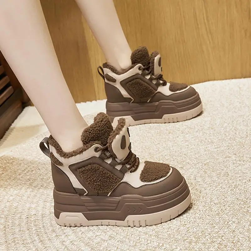

Thick Bottom Fur Slippers Women's Sporty High Top Fleece Lined Dad Sneakers Casual Style round Toe Low Heel PU Leather