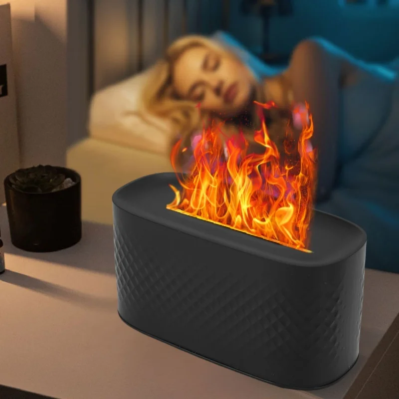 USB Air Humidifier Simulated Flame Diffuser 7 Colors Light Stylish Desktop Black 160ml for Home Hotel Office