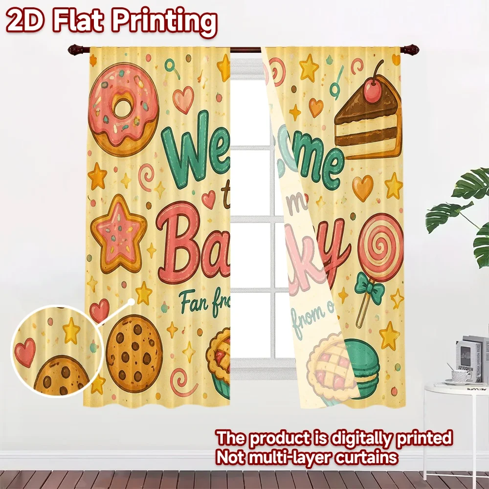 2D FLAT PRINTING 2pcs Curtains (Without Rod) Bakery Treats Design Chic Print Curtains Polyester Easy Install Curtains Home Decor