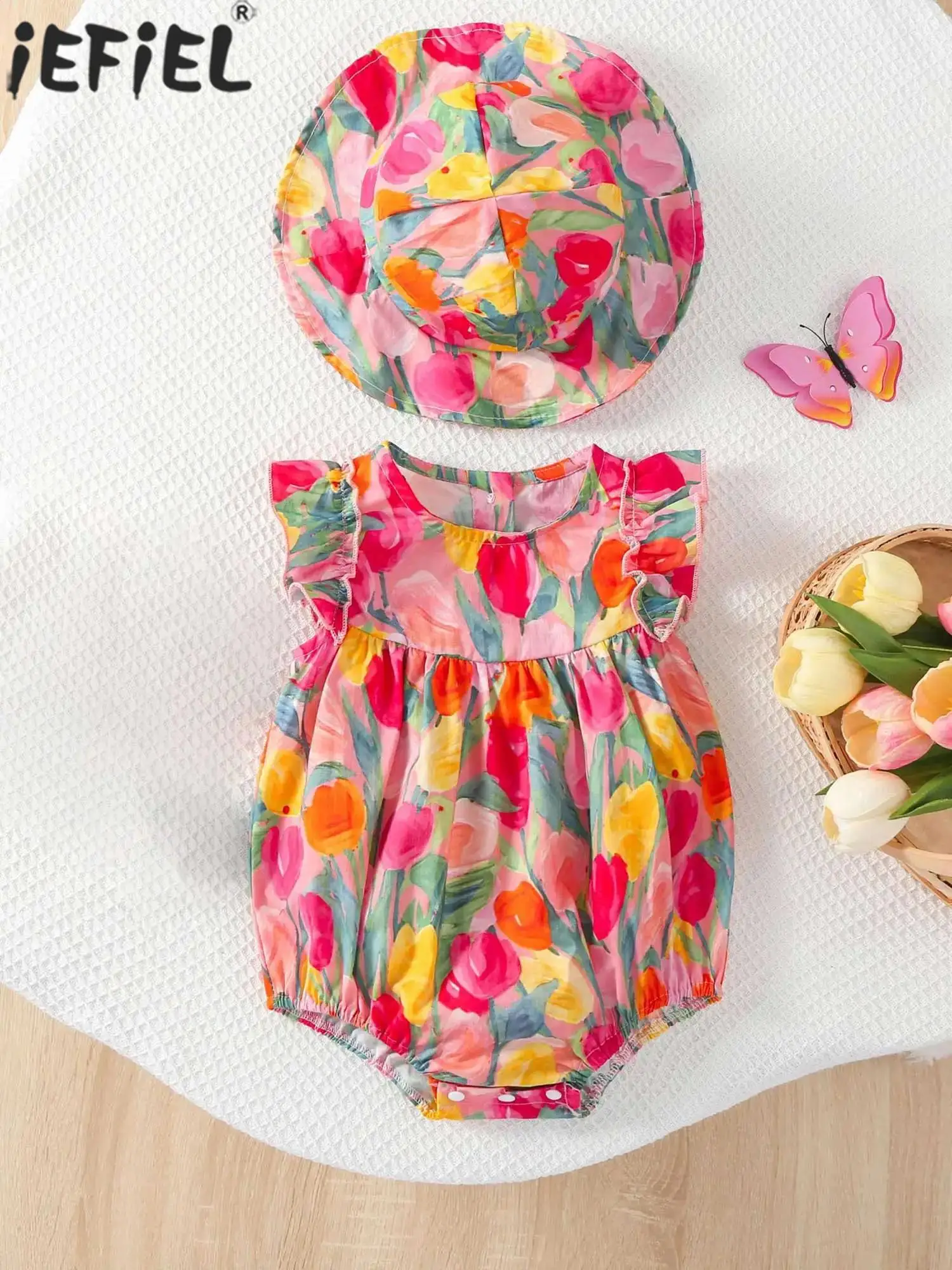 

Baby Girls Sweet Cute Romper Summer Daily Party Beach Holiday Photography Outfit Sleeveless Cotton Printed Bodysuit with Hat