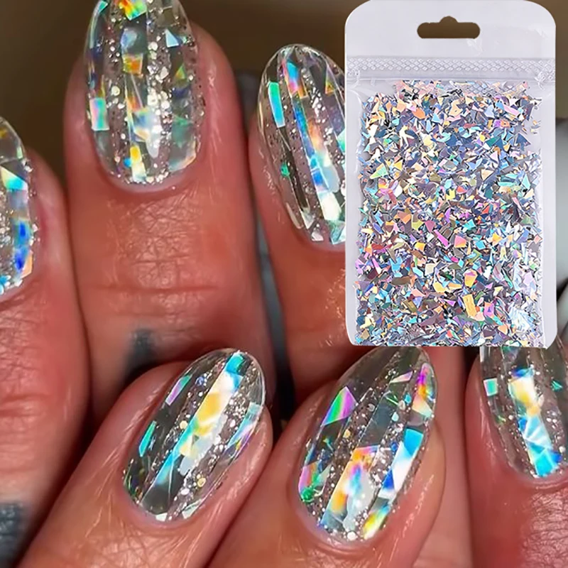 Holographic Laser Silver Irregular Nail Glitter Flakes Sparkly Broken Silver Nail Sequins DIY Shinying Silver Manicure Sequins