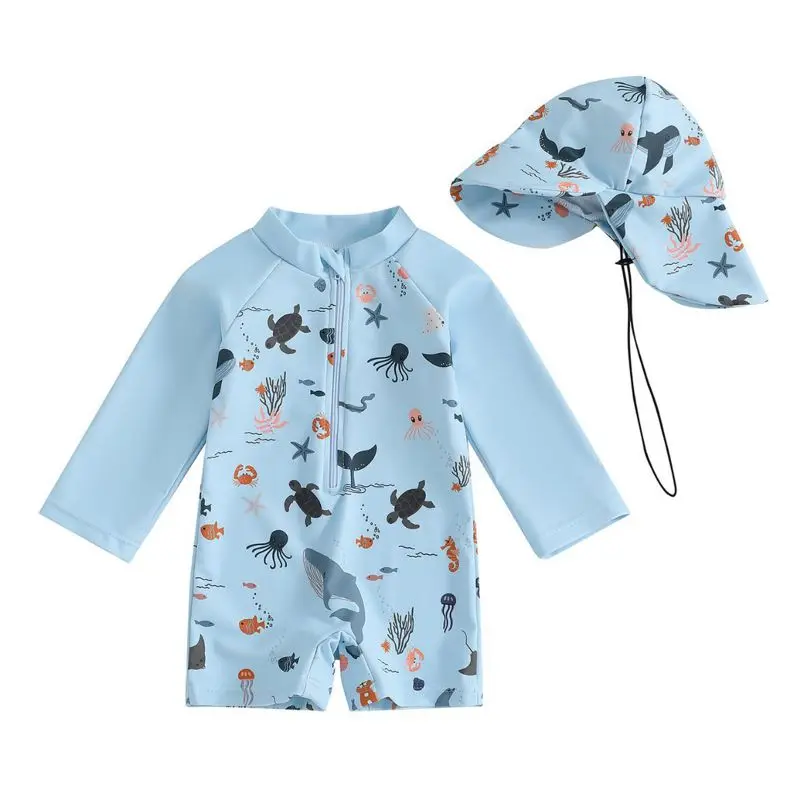 Summer Children Boys Beachwear Swimsuit and Hat Bathing Suit Zipper Rash Guard Long Sleeve Marine Animal Print Swimwear Toddler