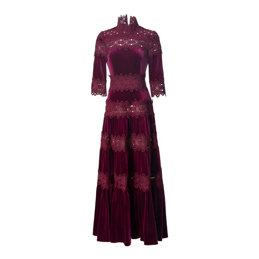 

Europe and the United States women's 2024 winter new Seven-point sleeve stand collar hollow embroidery fashion Pleated dress XXL