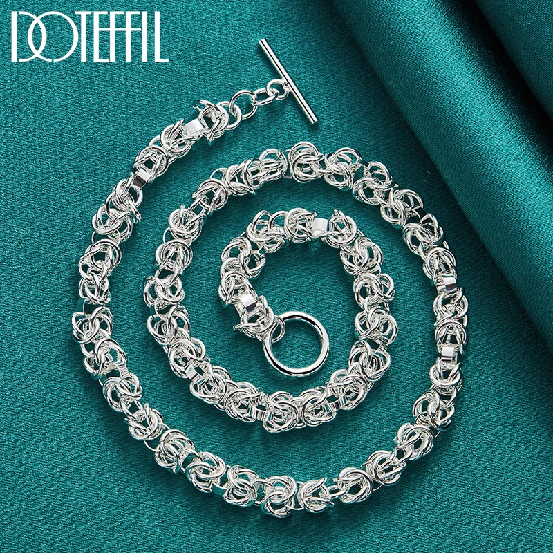 DOTEFFIL 2pcs 925 Sterling Silver Classic Chain Necklace Bracelet Set For Men Women Wedding Engagement Party Jewelry