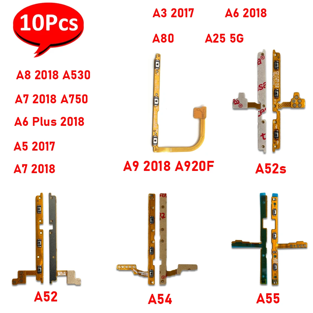 10Pcs，Power On Off Volume Side Button Key Flex Cable Replacement For Samsung A25 5G A52S A53 A54 A55 A8 Plus A9 A6 2018 A920 A8