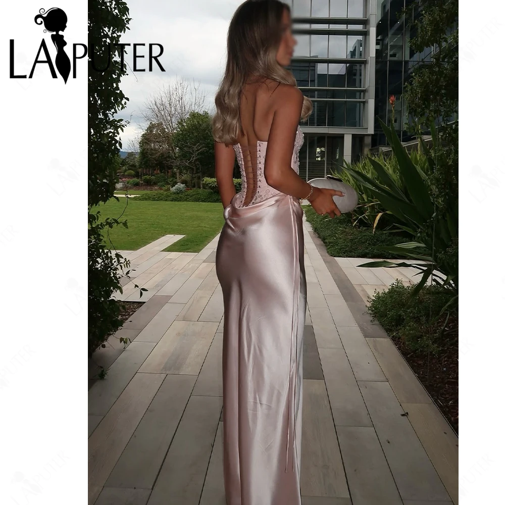 الوردي حورية البحر فساتين السهرة قبالة الكتف الجوفاء حبة الدانتيل مشد مساء اللباس Ruching فلوي الساتان صالح الفرنسية رومانسية اللباس الرسمي #5