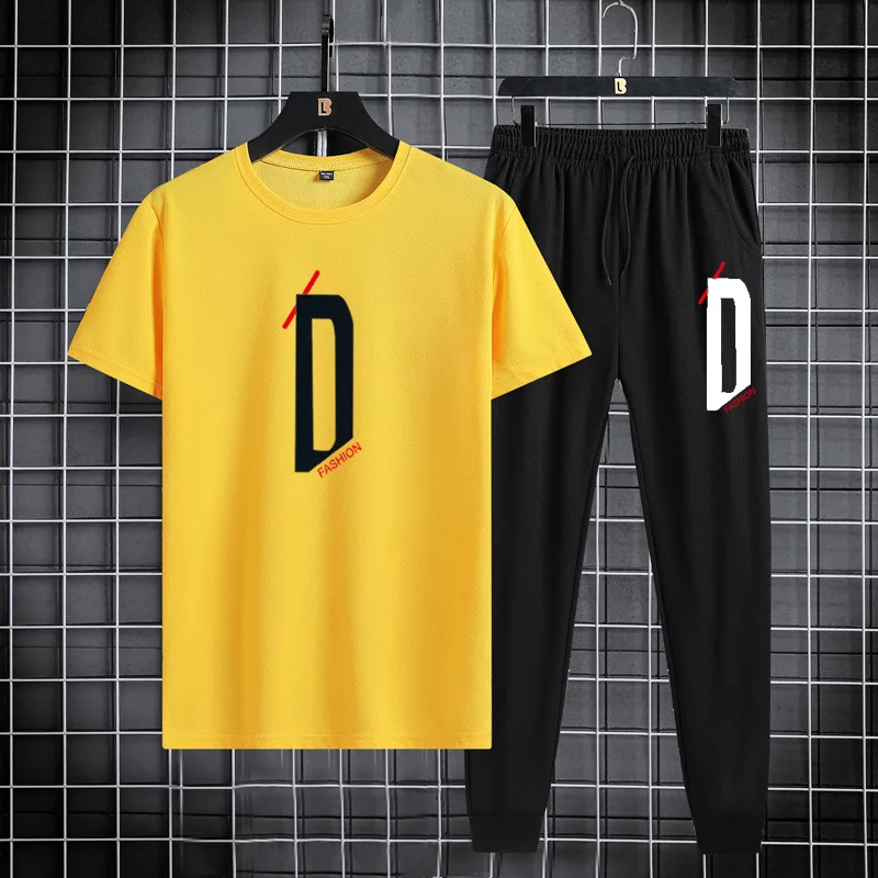 Summer sports and leisure set short sleeved T-shirt 2023 trendy Korean slim fit sports pants thin two-piece set