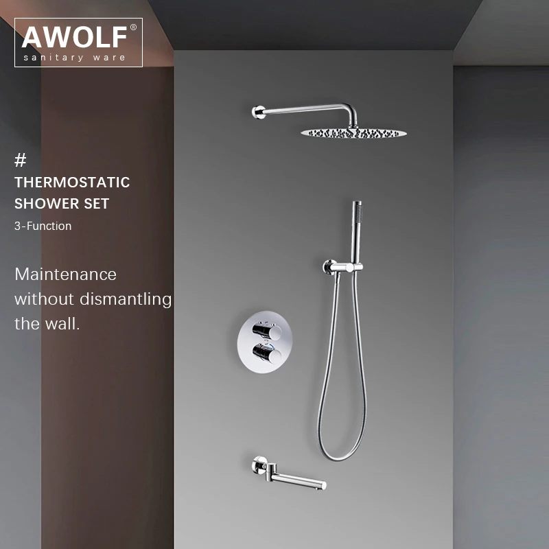 Awolf Thermostatic Shower System Black Solid Brass Round Design Bathroom Shower Faucet Set Wall Mounted Bath Mixer AH3061