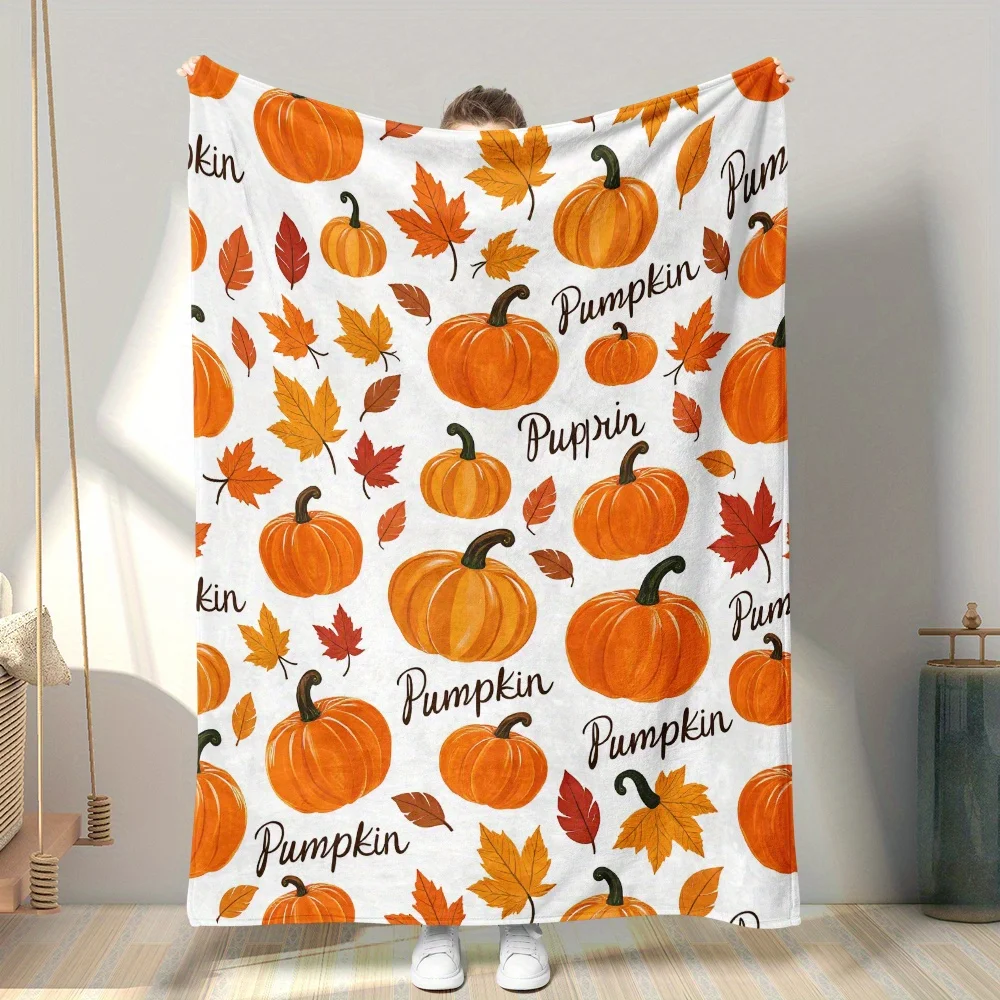 1pc, Ultra Soft Autumn Pumpkin Harvest Design Flannel Throw Blanket, Perfect for Reading Forts, Travel Cabins, Wellness Rooms an
