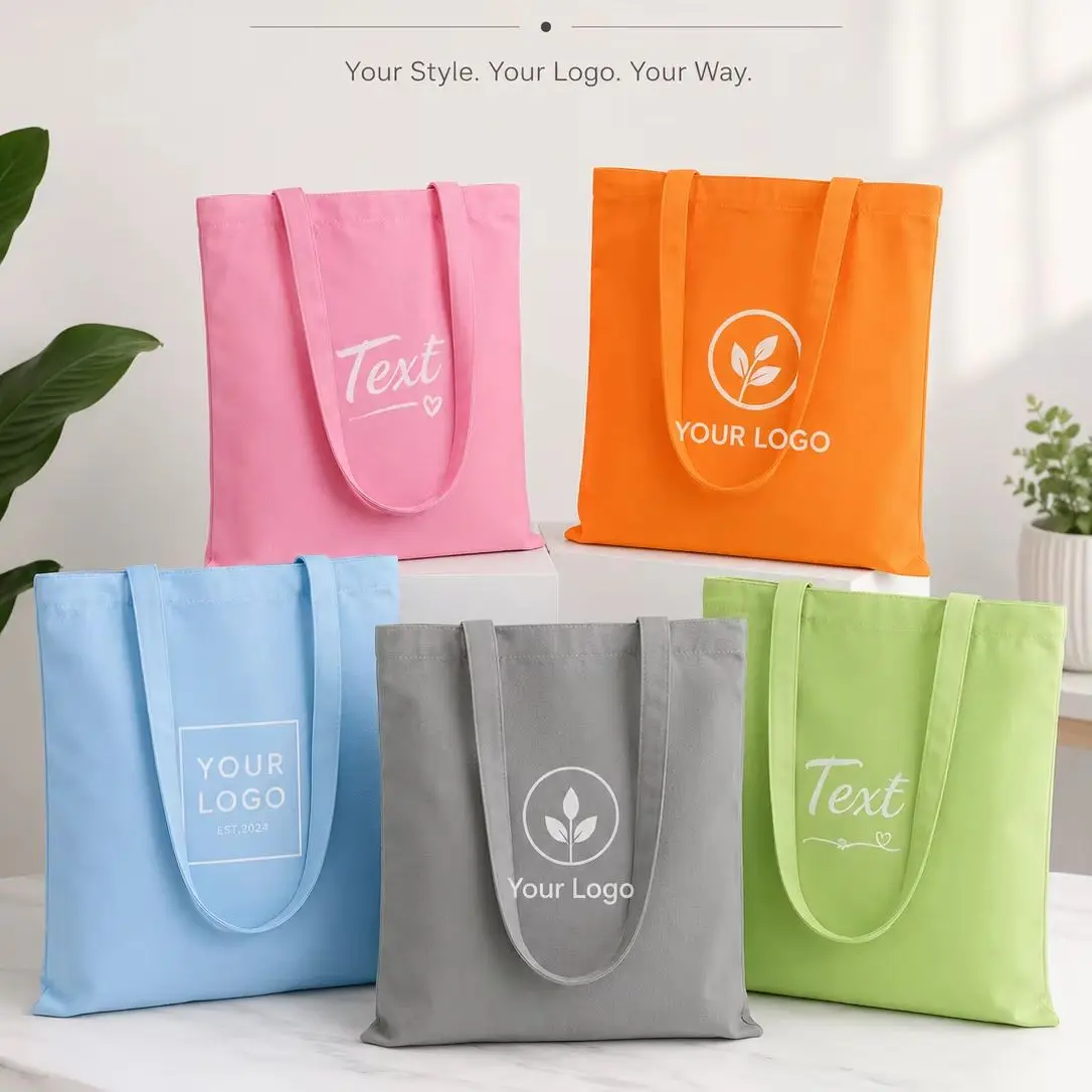 Custom Canvas Tote Personalized Logo Text Eco Reusable Long Handle Bags Daily Shopping Business Wedding DIY Gift Handbags Shop