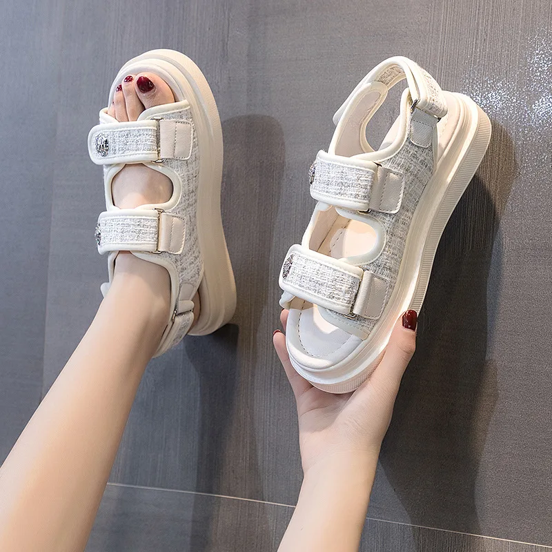2024 Summer Sports Women\'s Sandals Shoes All-Match Outside Low Multicolored Girls Flat Fashion New Comfort PU Basic Hook & Loop