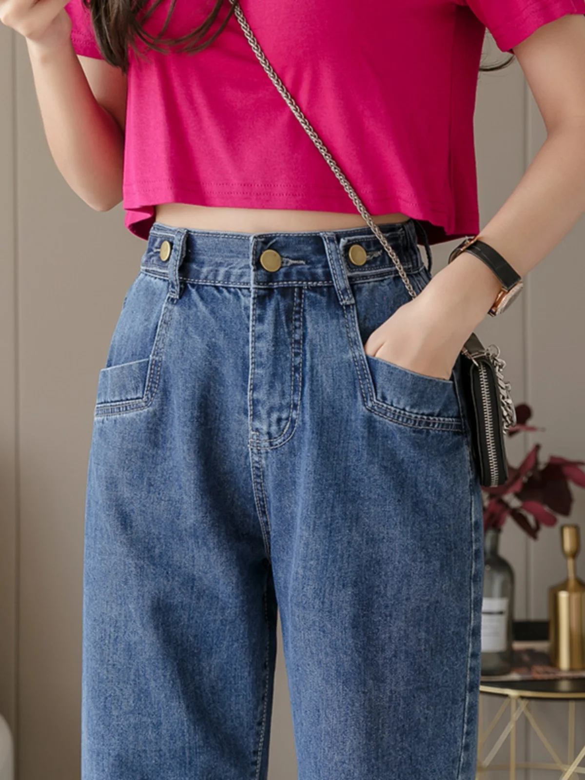 Slim Fit Cintura Alta Harlan Azul Denim Jeans Feminino Primavera Faion Dezoito Orbs Elástico Cintura Pequena Estatura Amigável
