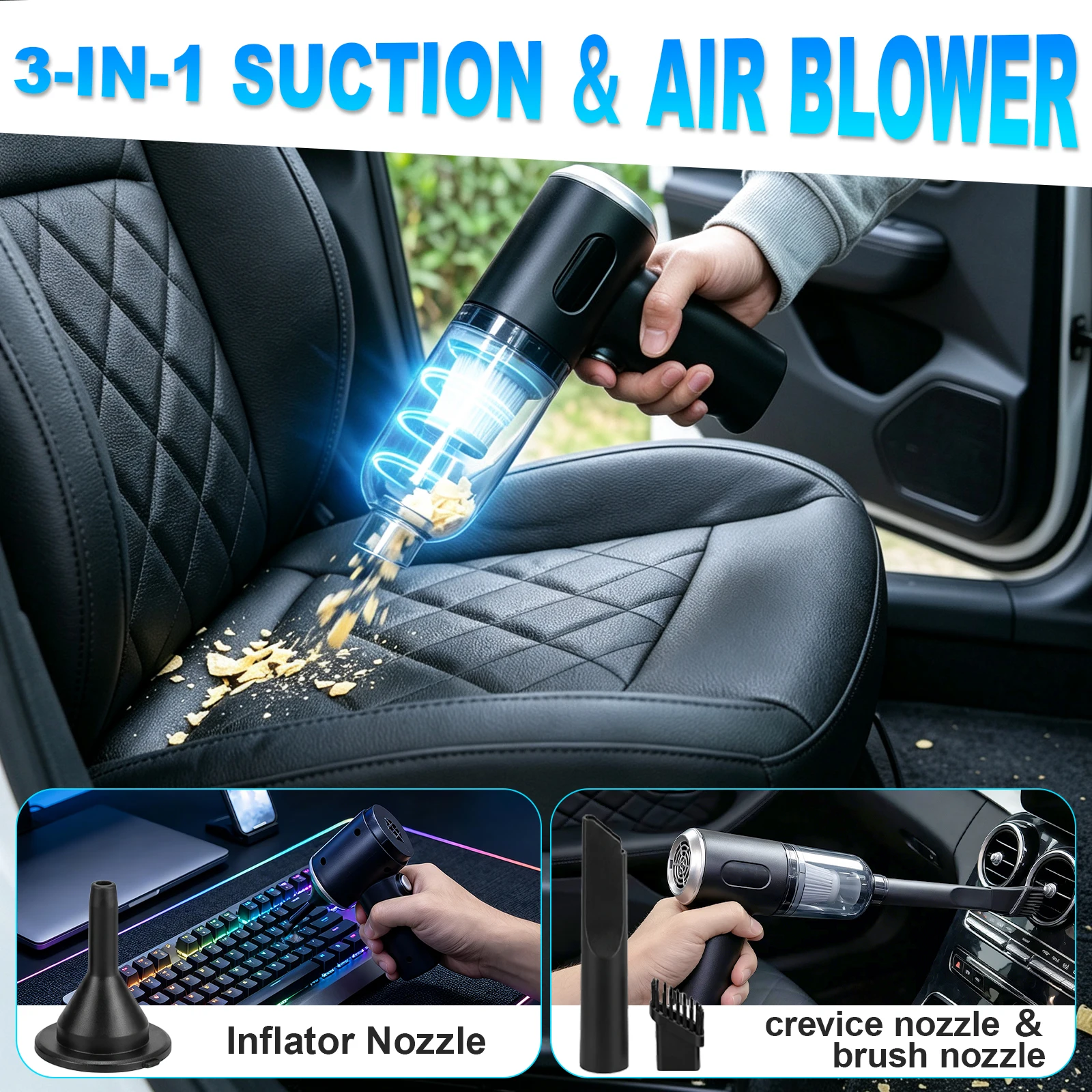 3-in-1 Handheld Car Vacuum 2500Pa Wireless Air Blower Inflator HEPA Filter Portable Home Cleaning