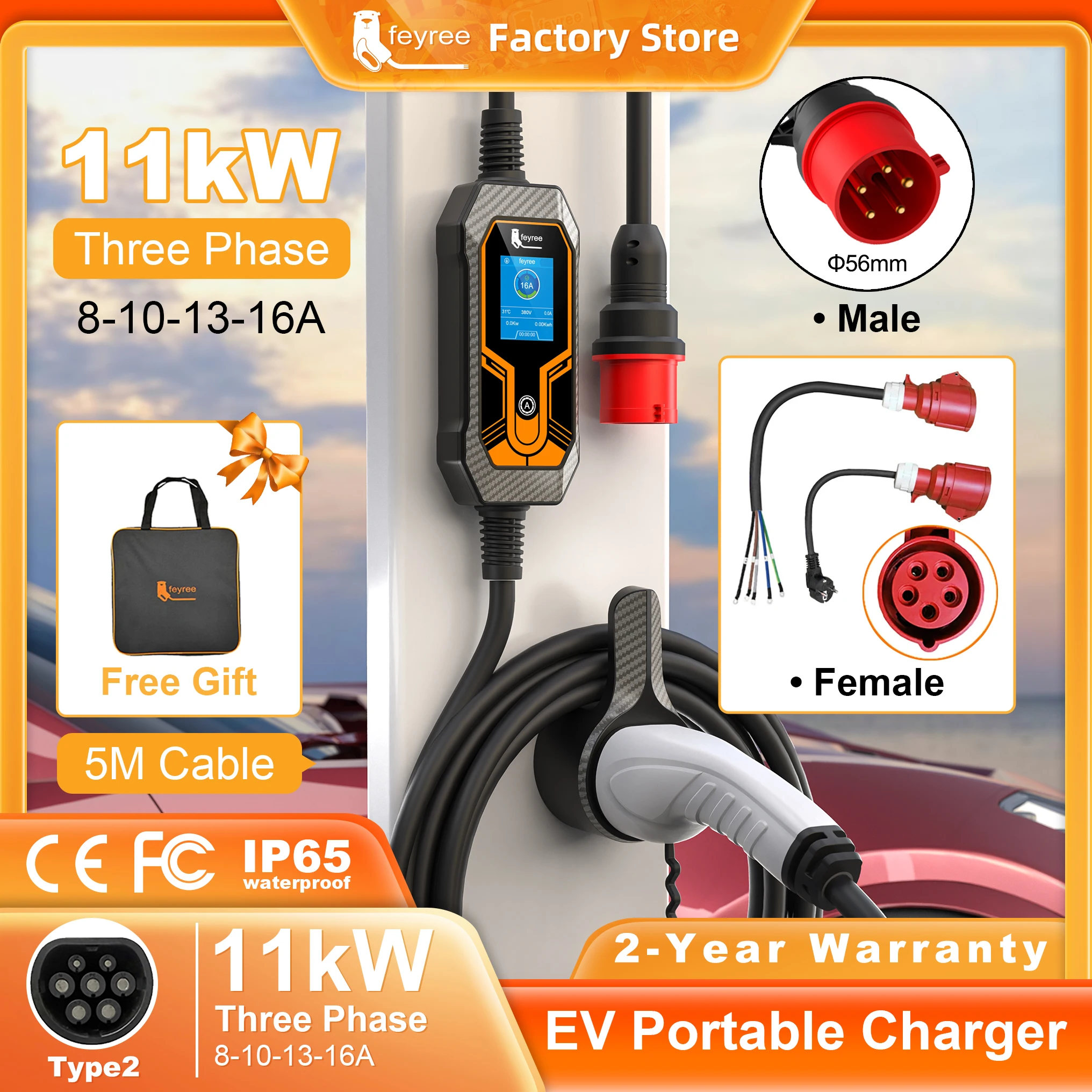 feyree 11KW 16A 3 Phase EV Portable Charger Type2 5M Cable EVSE Charging Box Electric Car Charger CEE Plug for Electric Vehicle