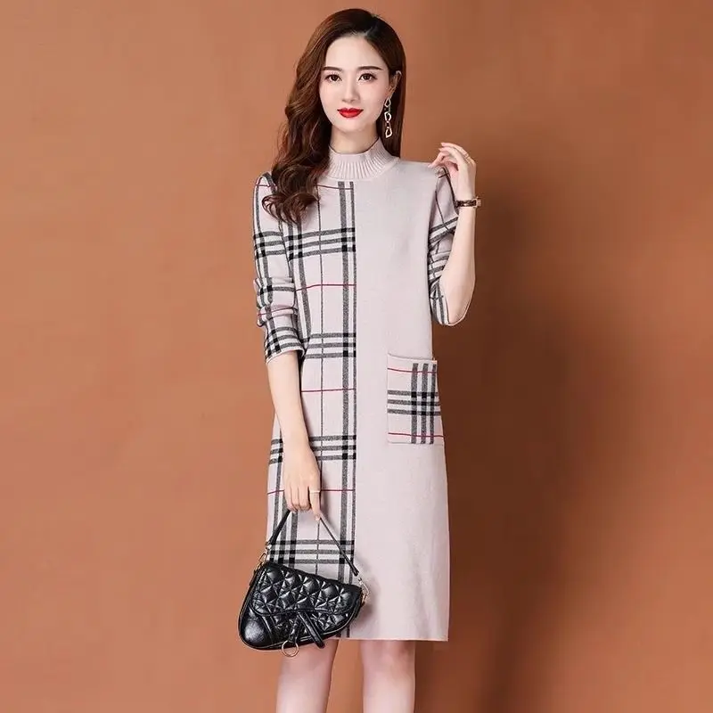 Women Fashion Geometric Pattern Knit Sweater Dress Autumn winter Commuter Office Ladies casual loose oversized Midi Dress 5xl