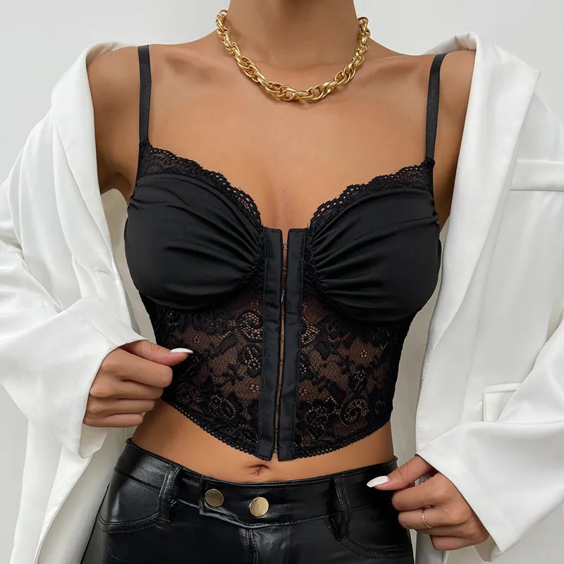 Black Lace Mesh Tops Summer Women Corset Pleated Bra Halter Tank Top Sexy Hollow Out Lingerie Vest Slim Fit Camisole Streetwear