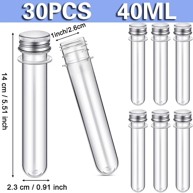 

30 шт. пробирки, прозрачные пластиковые пробирки 40 мл с завинчивающимися крышками, пробирка 23x140 мм для образцов, научных вечеринок, галереев, конфет, соли для ванны
