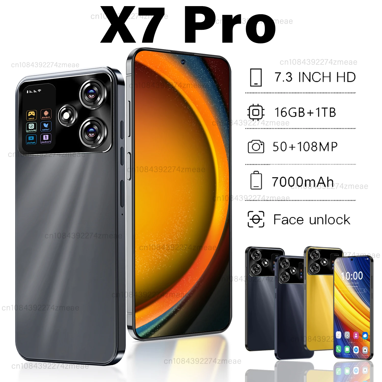 Original X7 Pro Smartphone 7.3inch Global Version 16G+1TB Snapdragon 8 gen3 Android14 50+108MP 4G/5G Cellphone Mobile Phone NFC