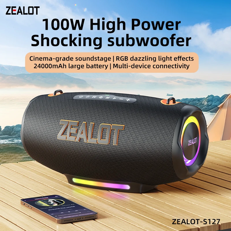 ZEALOT S127100W Leistungsstarker Subwoofer Tragbarer kabelloser Lautsprecher, 24000-mAh-Akku, RGB-Licht, ideal zum Verschenken von Geburtstag/Weihnachten