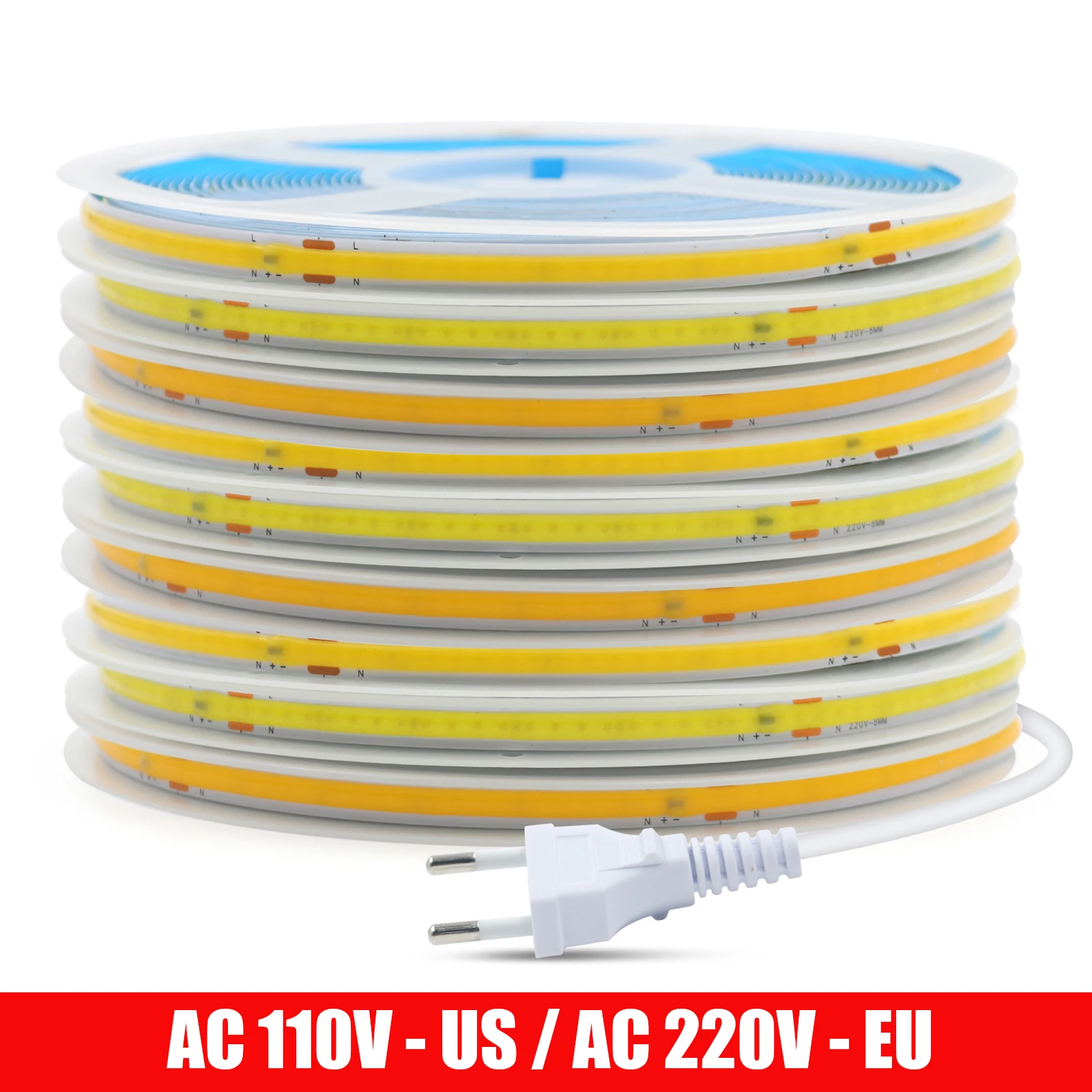 

Светодиодная лента высокой яркости COB, 220 В переменного тока/110 В, вилка стандарта ЕС, США, 240 светодиодов/м, 3000 К, 4000 К, гибкая ленточная лампа для внутреннего домашнего декора