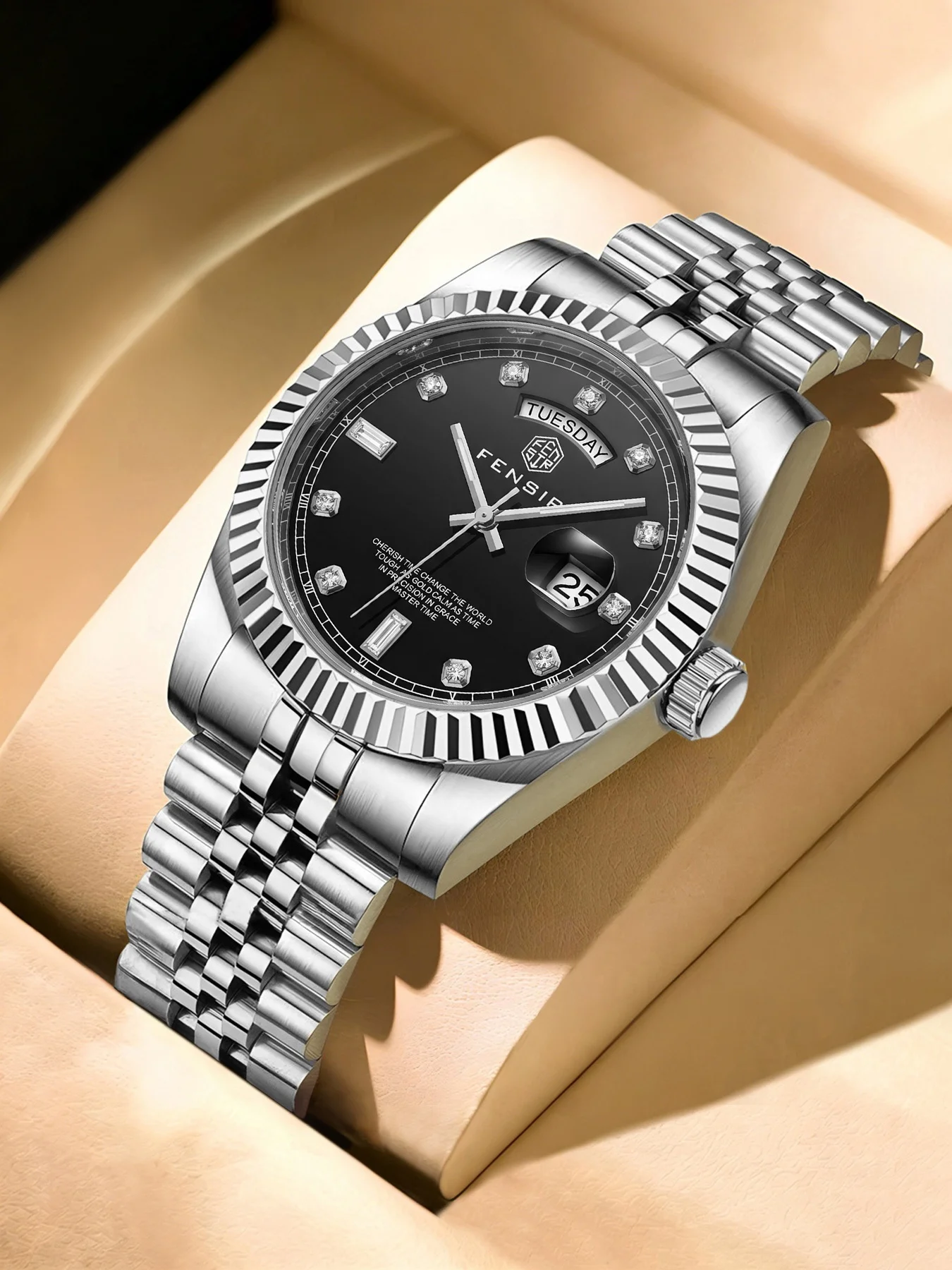 Luxurious High-End Business Men's Watch, Round Dial, Waterproof Calendar Display, Stainless Steel Strap, High Aesthetic Value, Light Luxury, Fashionable, Simple, Stylish, Versatile Men's Watch, Suitable for Wearing in