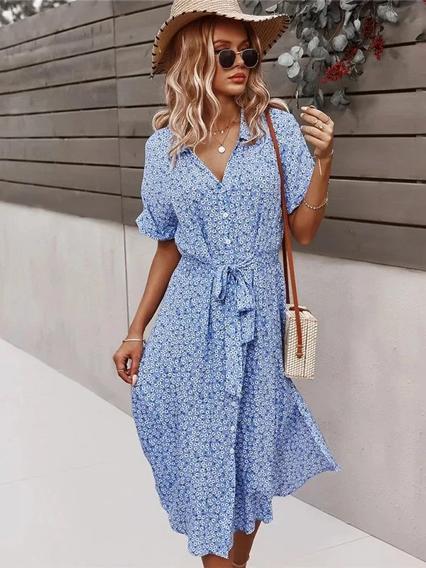 Abito da donna con stampa floreale Abito casual a maniche corte con bottoni Abiti longuette da vacanza con scollo a V femminile Abito Boho Chic da spiaggia Abito elegante ZPFQ