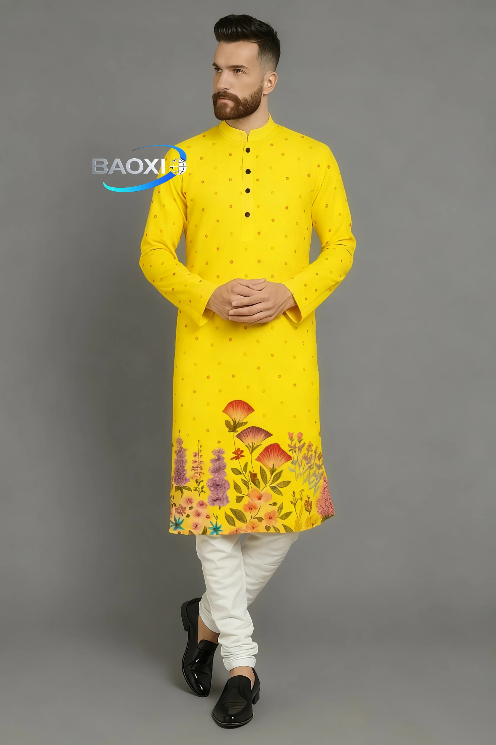 Men digital printed kurta vardha regular fit Mandarin collar long suitable All Occasions such wedding Hari Raya Aidilfitri.