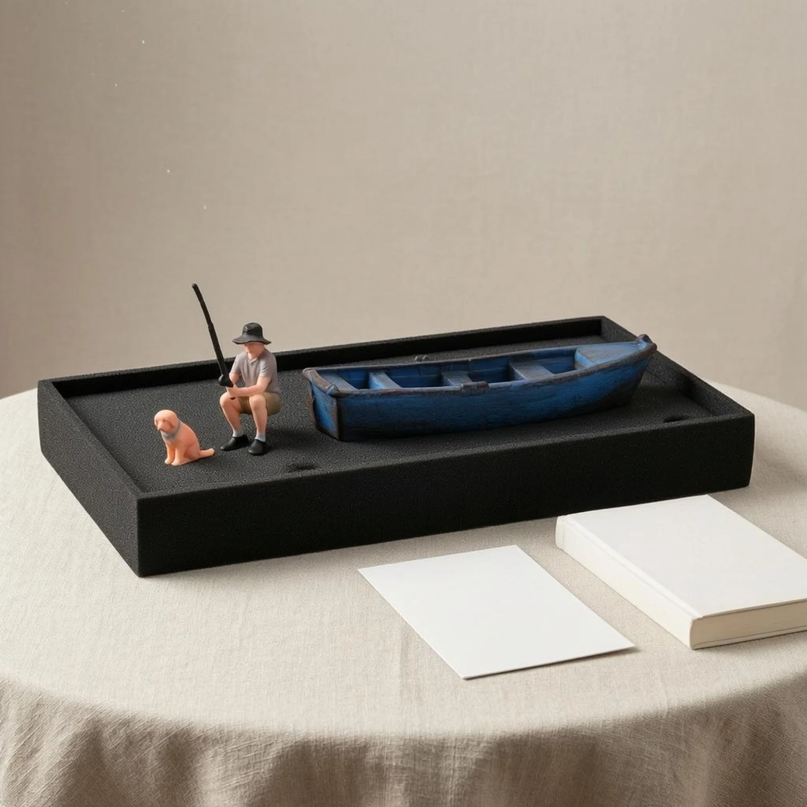 Miniature Fishing Boat Scene Weathered Finish Hand-Painted Boat Model