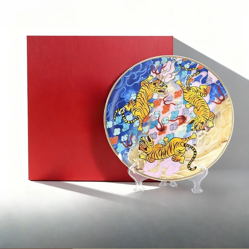 High-grade ceramic plate, zodiac tiger decorative plate, indoor ornament gift box, gift plate set.