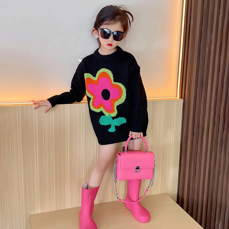 

Spring Autumn Girls Sweater Baby Knitwear Kids Knitted Tops Children Pullover Clothes Big Floral Jacquard Rib Knit 4-14Y