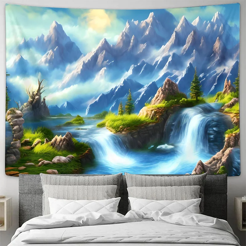 Fantasy Mountain Waterfall River Landscape Wall Tapestry Machine Washable All Season Decor Art Print Nature Design Homenontoxic