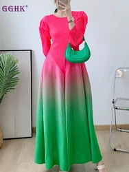 GGHK Miyake High Quality Fashionable and Elegant Dresses New Round Neck Full Sleeves Splicing Ruffles Evening Party Dresses
