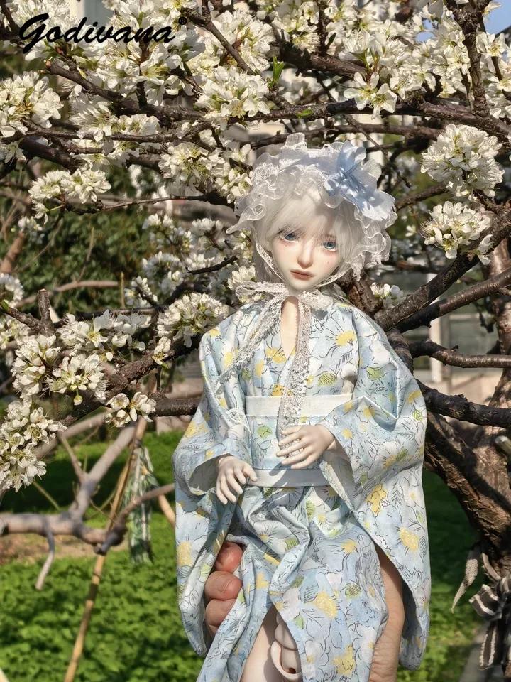 1/3 1/4 1/6 BJD Doll Clothes Sweet Cute Floral Print Japanese Kimono Yukata Wide Sleeve Robe with White Obi Sash Full Set