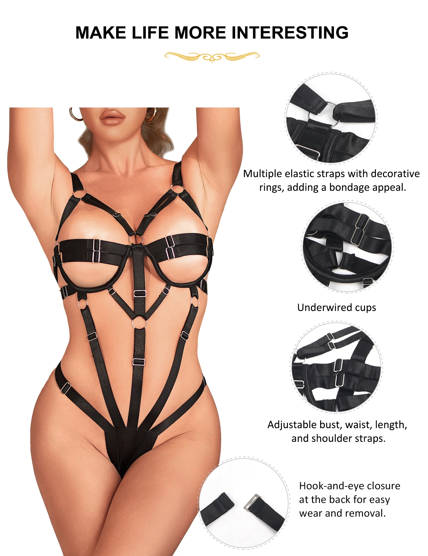 Comeondear Plus Size Sexy Bodysuit Elastic Bandage Erotic Adjustable Woman One Piece See-Through BDSM Transparent Sissy Bodysuit