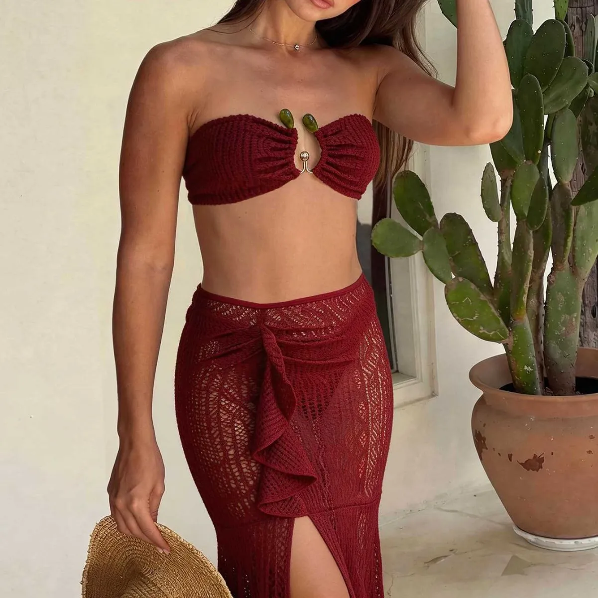 Bikini Set Swimwear Swimsuit Bathing Suits 3-Piece Sexy Strapless Red with Removable Straps Ruffle Skirt Cover-Up for Beach Pool