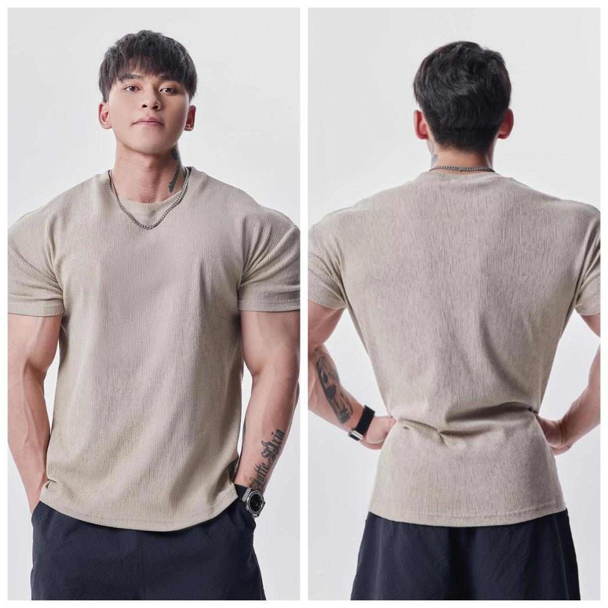 

Men's T-shirt European Summer Fitness Sports Solid Cotton Elasticity Active Short-sleeved T-shirt Large Size