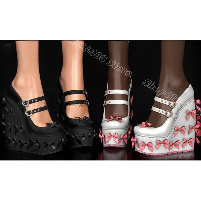 

White Bowknot Wedges Heels Pumps Round Toe Elegant Sweet Style Ankle Buckle Fashion Women Party Dress Pumps Zapatos Para Mujere