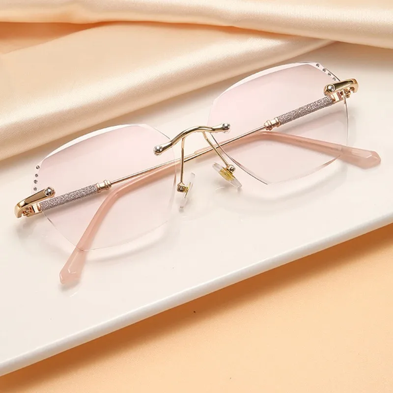 New Diamond Trimmed Frameless Reading Glasses Women's High Grade Presbyopia Glasses Fashion Blue Light Proof Long Range Mirrors