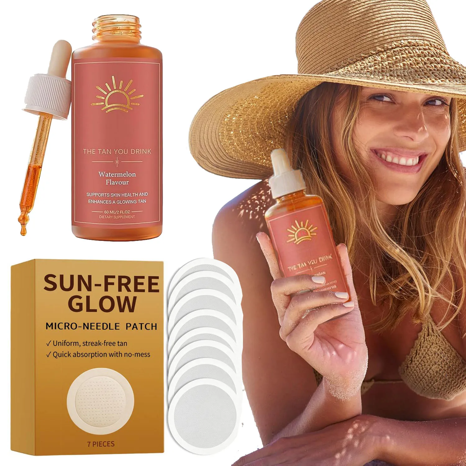 Sunleess Bräunungsflüssigkeit ohne Sonne, Selbstbräuner-Patches mit Beta-Carotin, Trinkbare Bräunungstropfen für Strahlende Haut