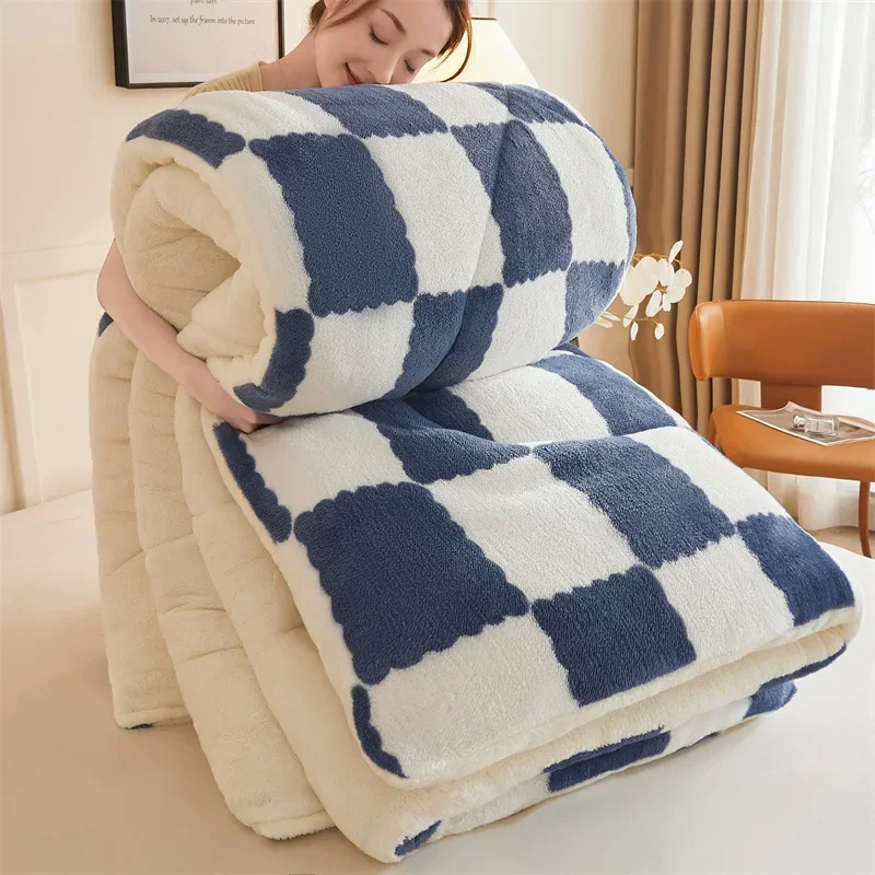 Super Thick Warm Winter Checkerboard Duvet Blankets Soft Artificial Lamb Cashmere Weighted Fluffy Warmth Duvet Comforter Quilt