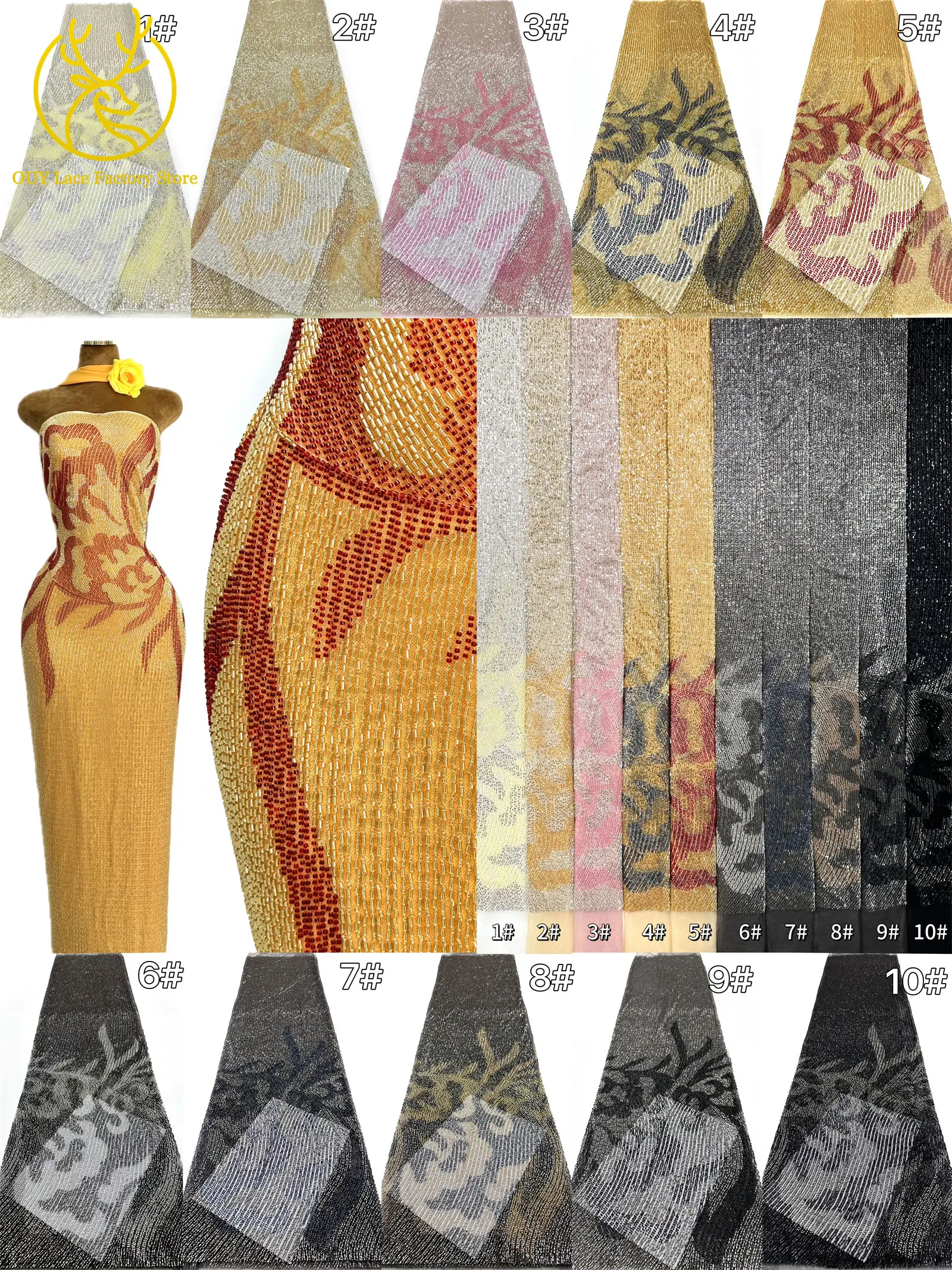 Hochwertiger Luxus-Spitzenstoff aus Dubai mit schweren Perlen, luxuriöser afrikanischer Tüll-Spitzenstoff mit Pailletten zum Nähen von Abendkleidern – Detail 36