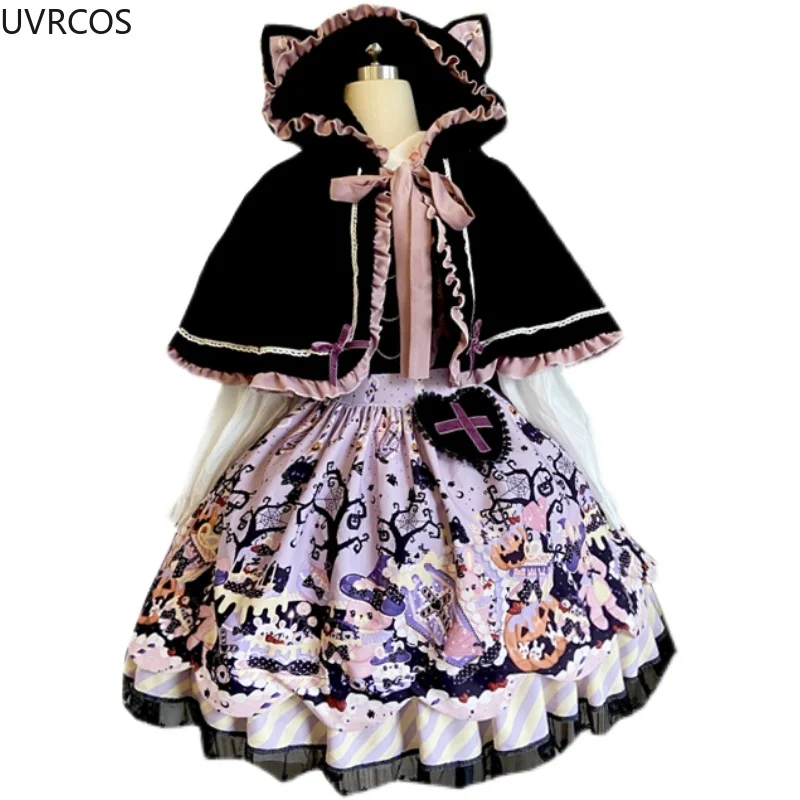 Japanese Victorian Lolita Jsk Dress Girl Halloween Cosplay Cat Ears Hooded Cloak Strap Dress Gothic Women Fashion Kawaii Dresses