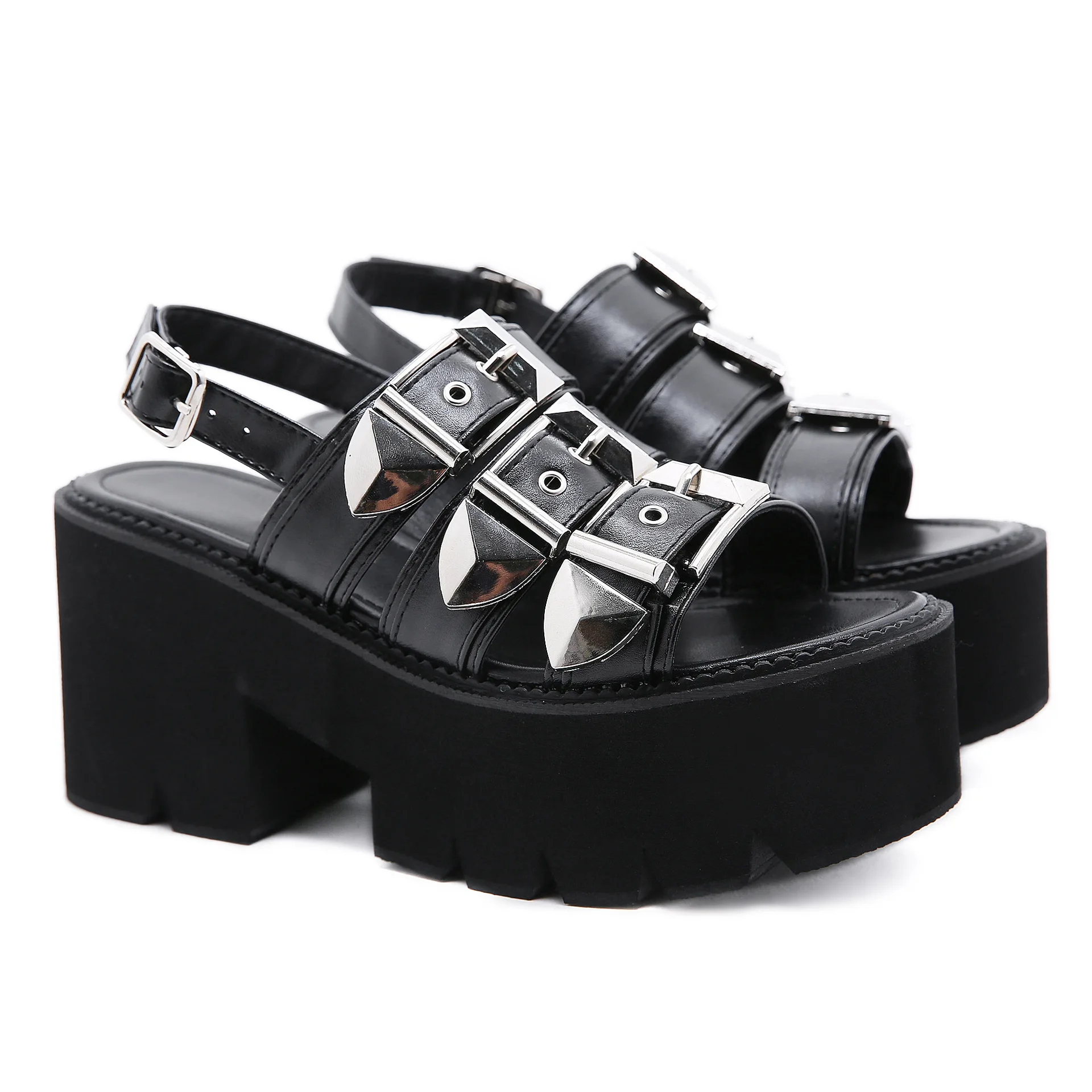 

Vintage Metal Belt Buckle Roman Sandal Muffin Bottom Peep Toe High Heel Sandal Platform Height Plus Size Women's Casual Sandal