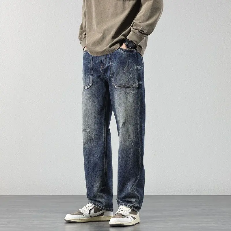 

With Pockets Men's Jeans Denim Korean Style Classic Cheap Trend 2025 Stylish Autumn Clothing Straight Trousers Male Cowboy Pants