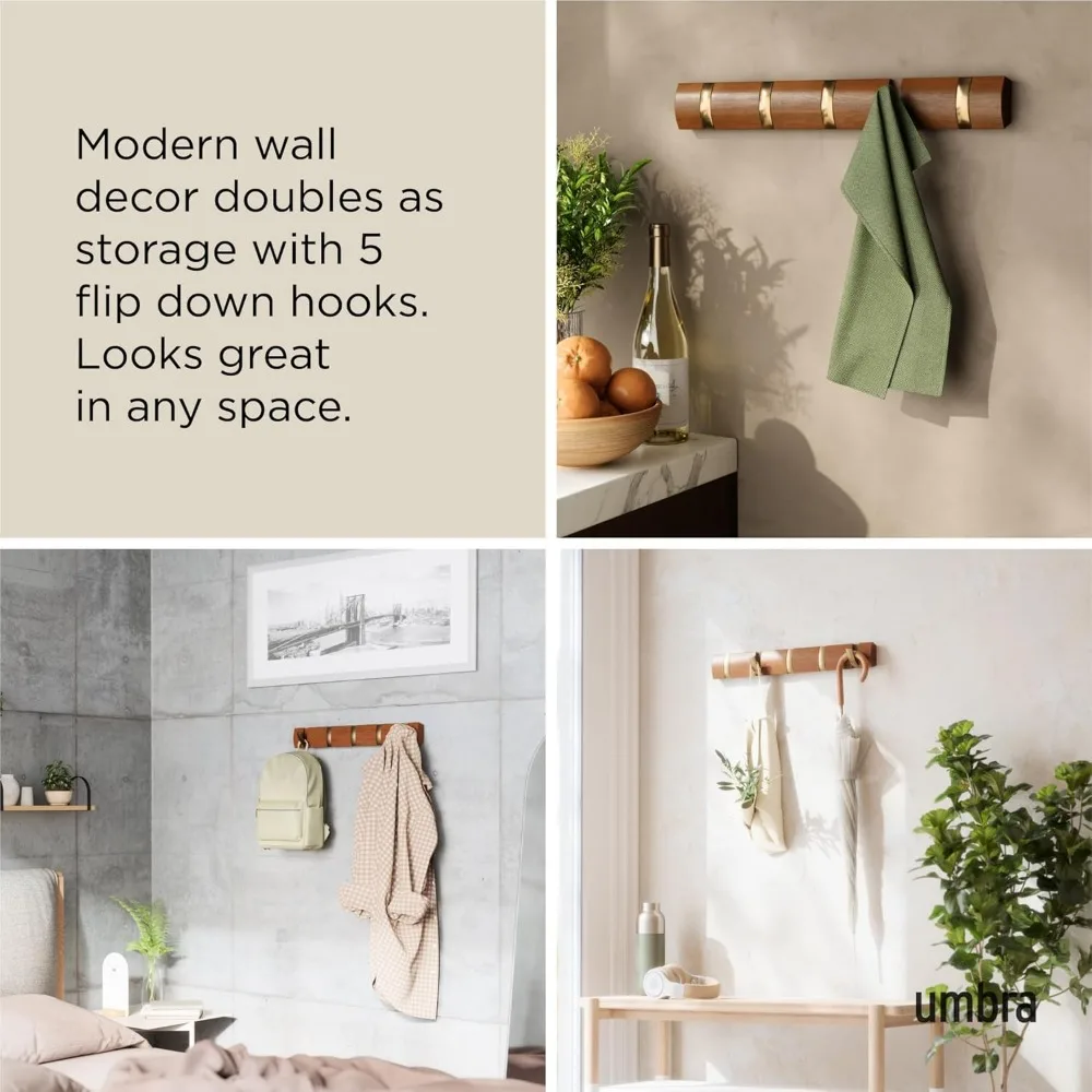 Support mural flottant moderne avec crochets rétractables pour manteaux, foulards, sacs à main - finition noyer/or